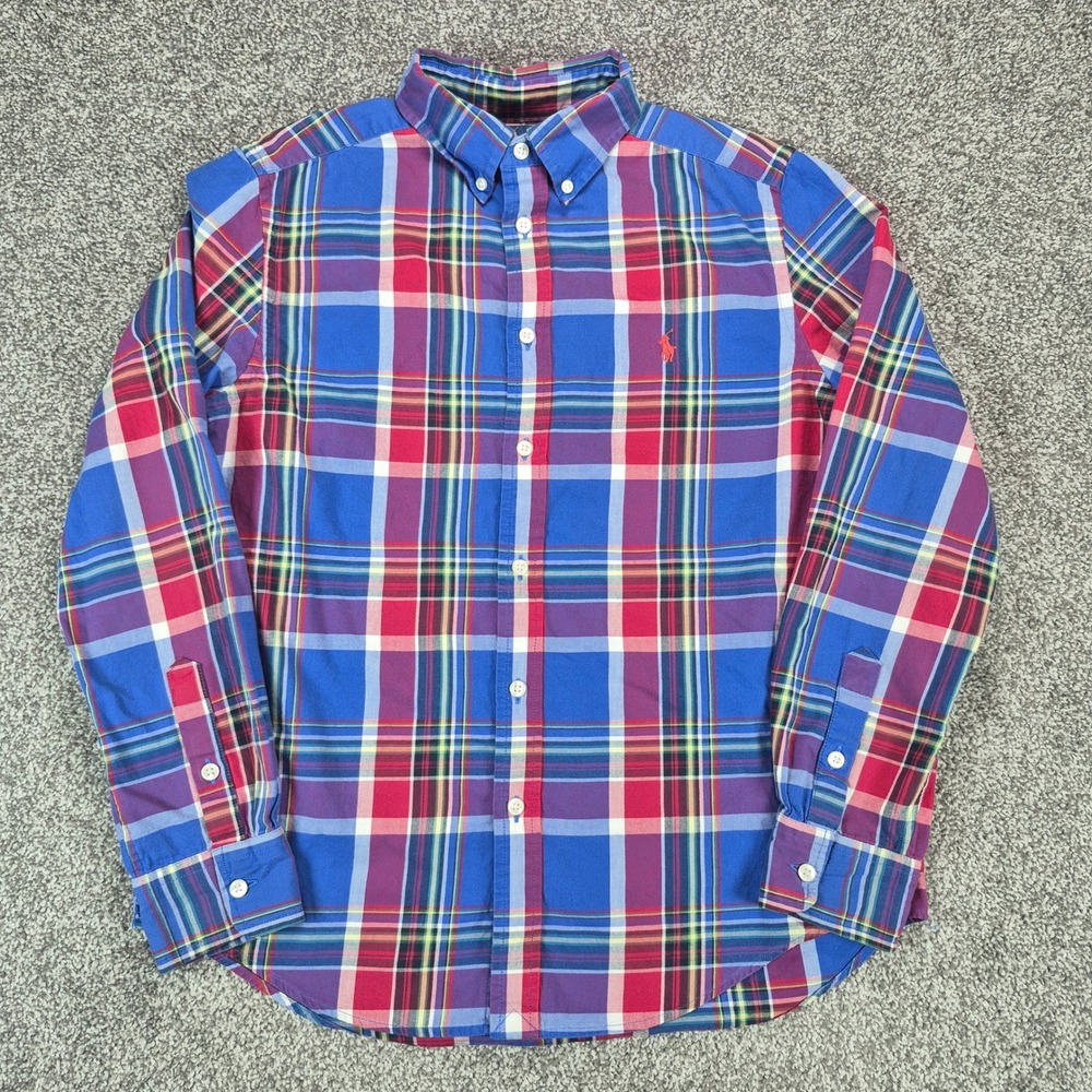 Ralph Lauren Shirt Boys L (14-16) Blue Red Plaid Long Sleeve Button Down Cotton